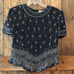 ‘90s Vintage Sequin Beads Black Silk Evening Top XL